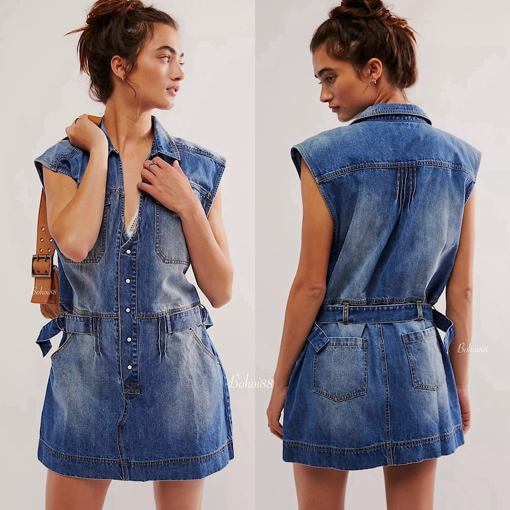 NWT Free People Rowley Denim Mini Dress Belted Button Front Plunge V-Neck - Picture 11 of 11